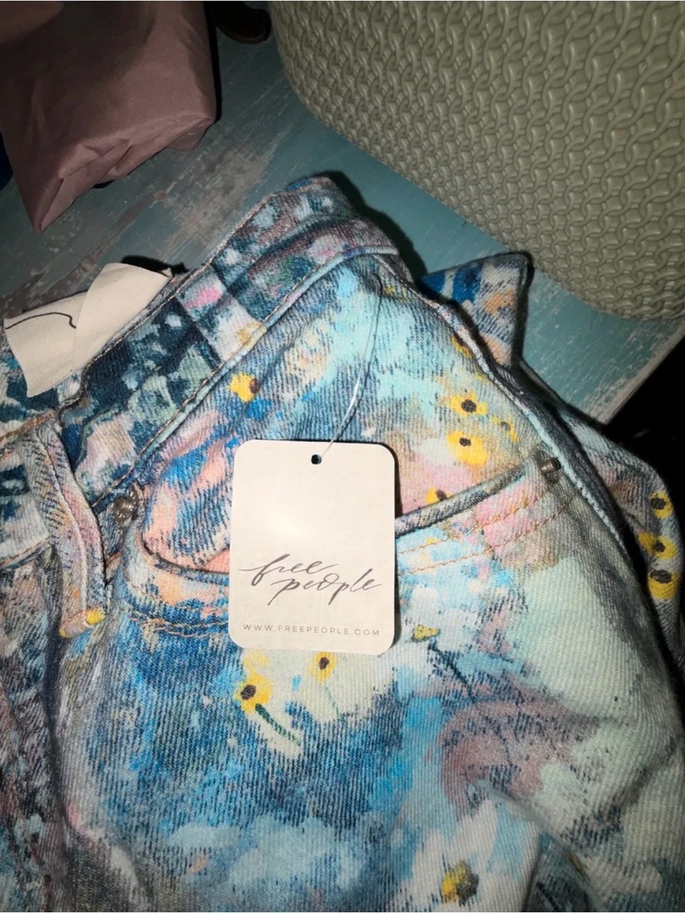 We The Free Painted Floral Jeans in Blue, Pink & Cream - Picture 4 of 5